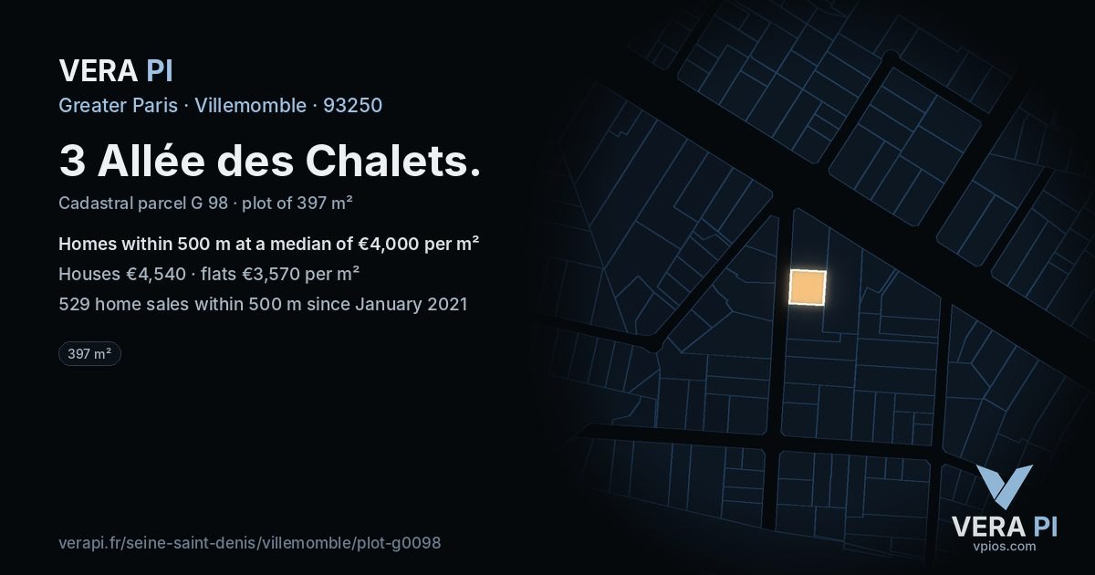 3 Allée des Chalets, Villemomble at night – the plot lit, the parcels around coloured by the prices near them