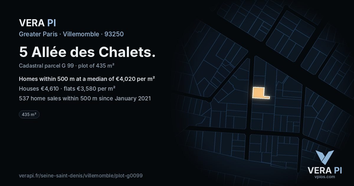 5 Allée des Chalets, Villemomble at night – the plot lit, the parcels around coloured by the prices near them