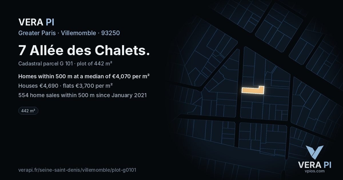 7 Allée des Chalets, Villemomble at night – the plot lit, the parcels around coloured by the prices near them