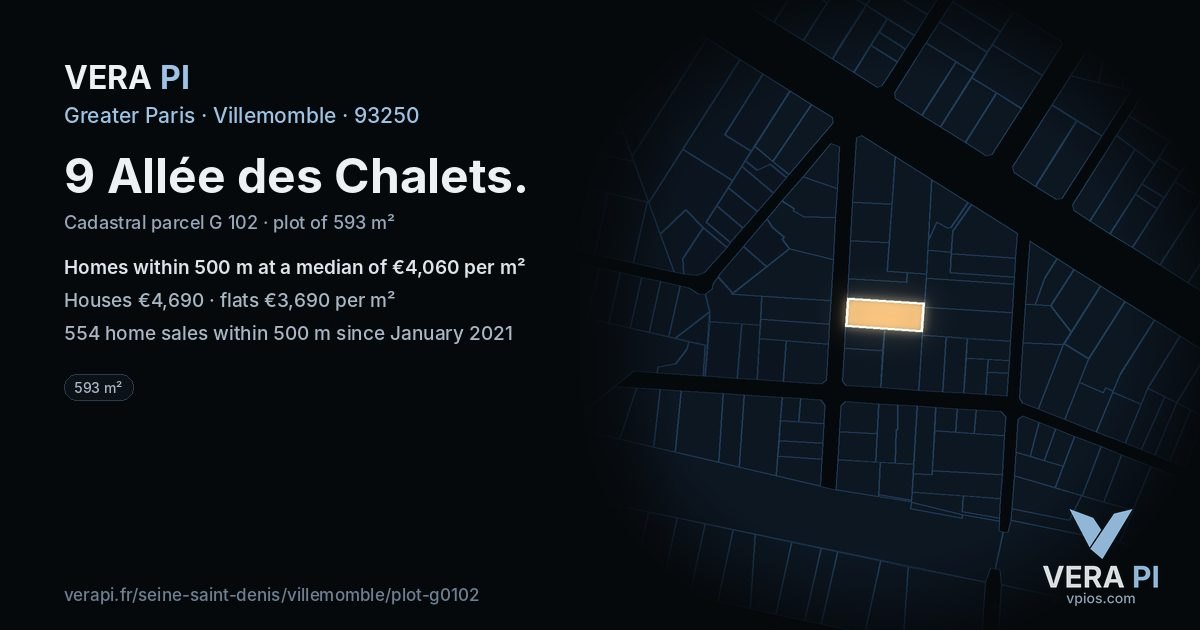 9 Allée des Chalets, Villemomble at night – the plot lit, the parcels around coloured by the prices near them