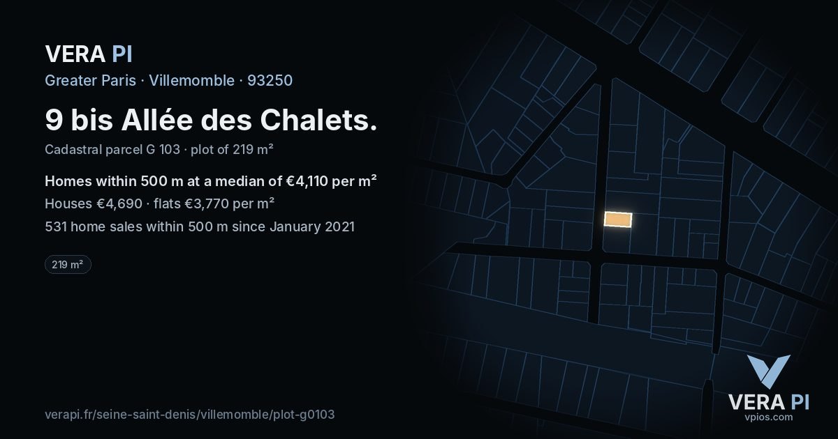 9 bis Allée des Chalets, Villemomble at night – the plot lit, the parcels around coloured by the prices near them