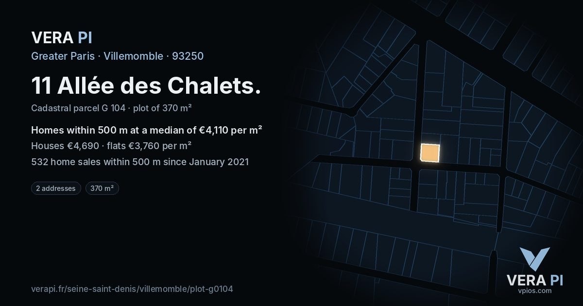 11 Allée des Chalets, Villemomble at night – the plot lit, the parcels around coloured by the prices near them
