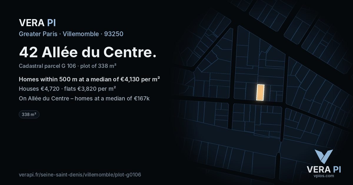 42 Allée du Centre, Villemomble at night – the plot lit, the parcels around coloured by the prices near them