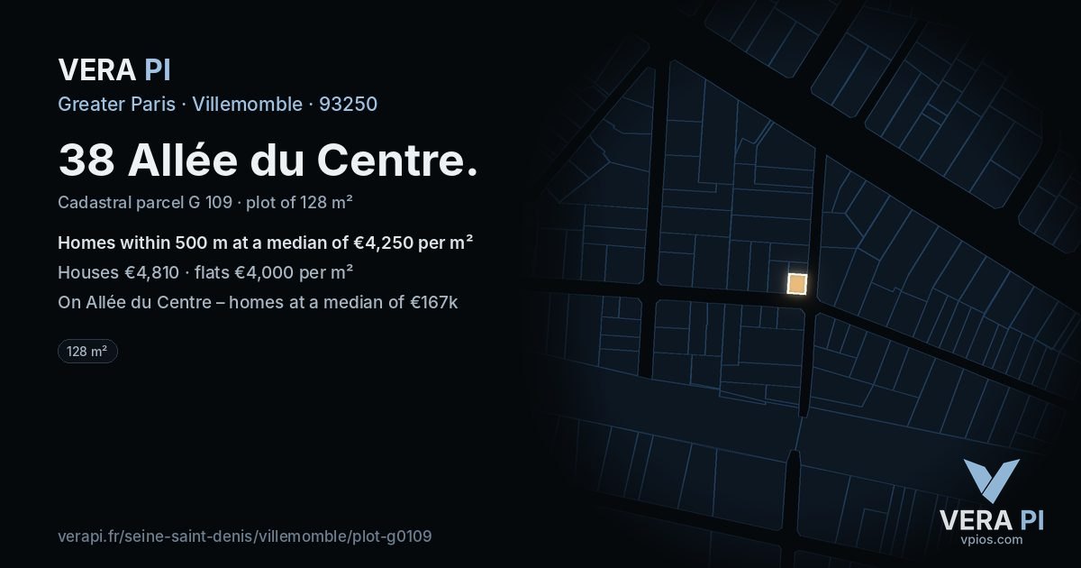 38 Allée du Centre, Villemomble at night – the plot lit, the parcels around coloured by the prices near them