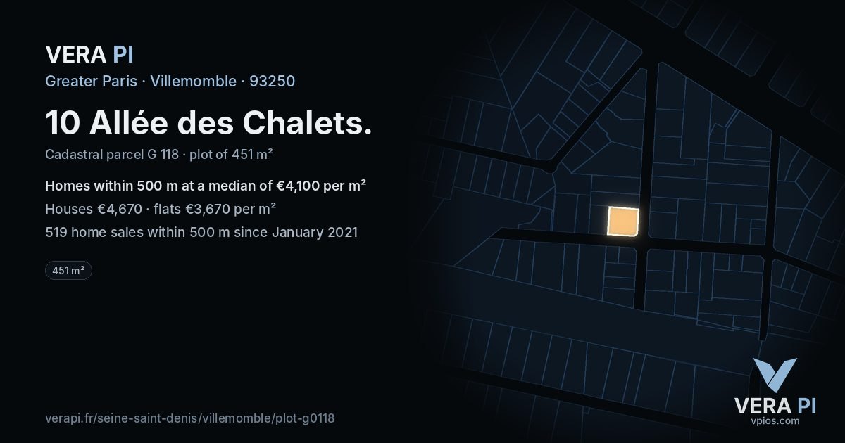 10 Allée des Chalets, Villemomble at night – the plot lit, the parcels around coloured by the prices near them