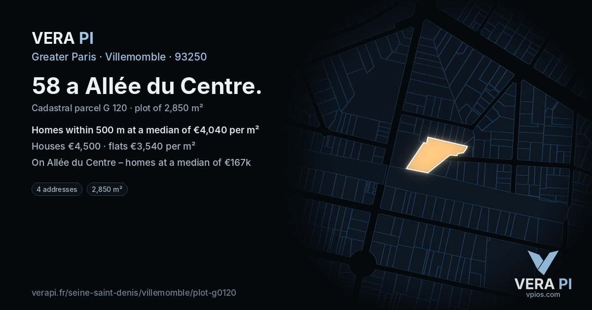 58 a Allée du Centre, Villemomble at night – the plot lit, the parcels around coloured by the prices near them