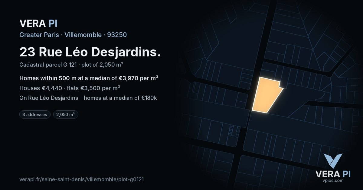 23 Rue Léo Desjardins, Villemomble at night – the plot lit, the parcels around coloured by the prices near them