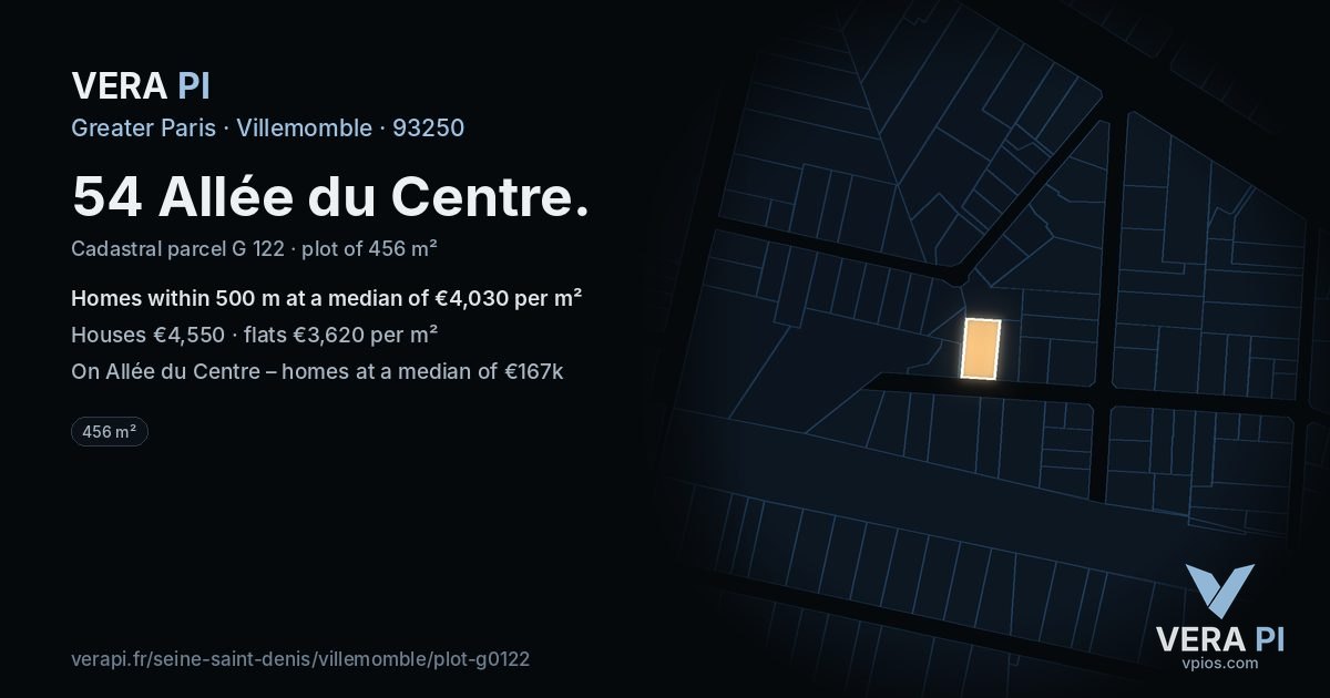 54 Allée du Centre, Villemomble at night – the plot lit, the parcels around coloured by the prices near them