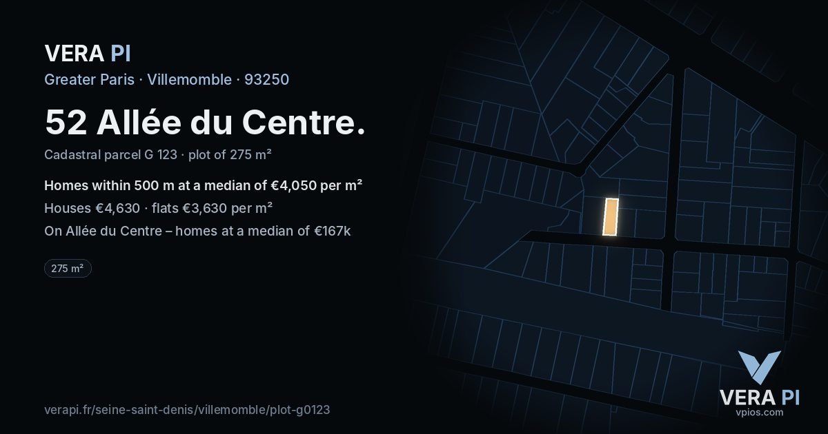 52 Allée du Centre, Villemomble at night – the plot lit, the parcels around coloured by the prices near them