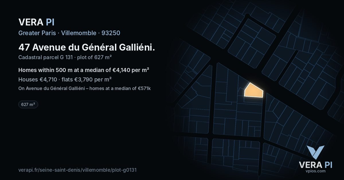 47 Avenue du Général Galliéni, Villemomble at night – the plot lit, the parcels around coloured by the prices near them