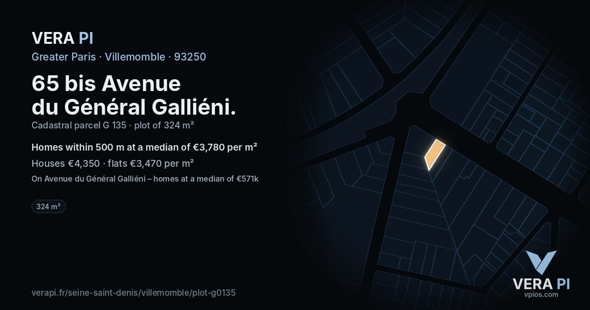 65 bis Avenue du Général Galliéni, Villemomble at night – the plot lit, the parcels around coloured by the prices near them