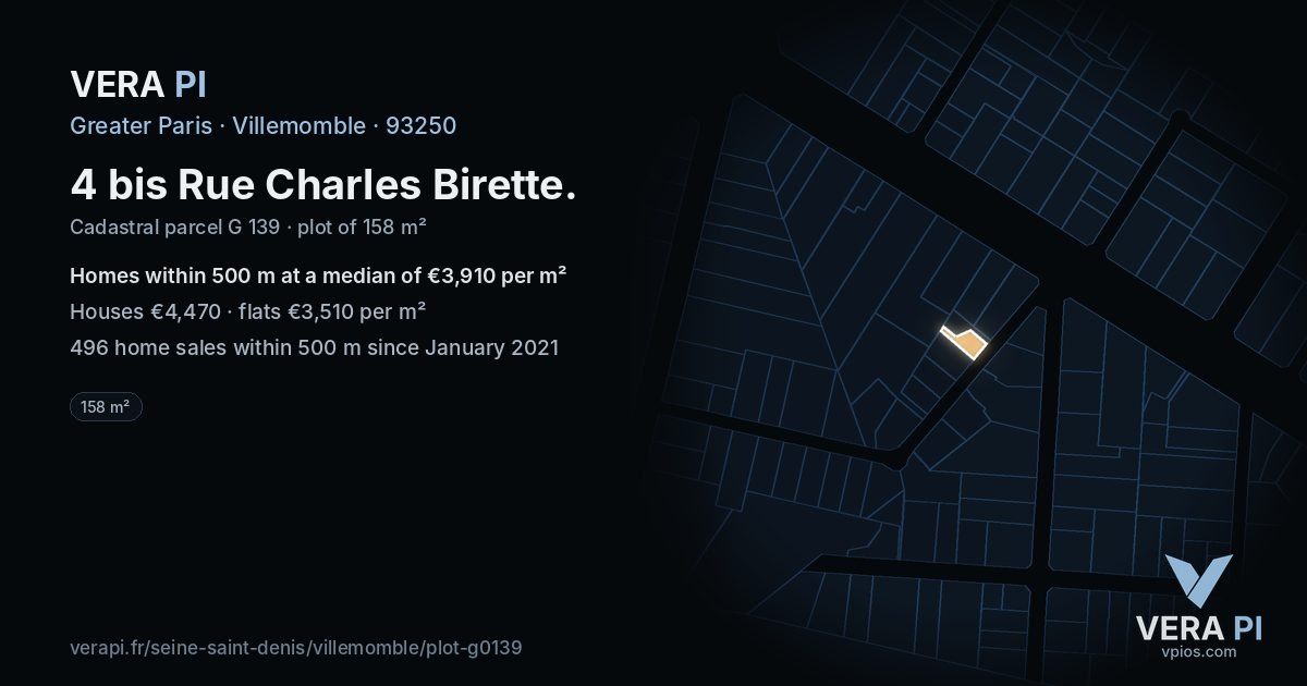 4 bis Rue Charles Birette, Villemomble at night – the plot lit, the parcels around coloured by the prices near them