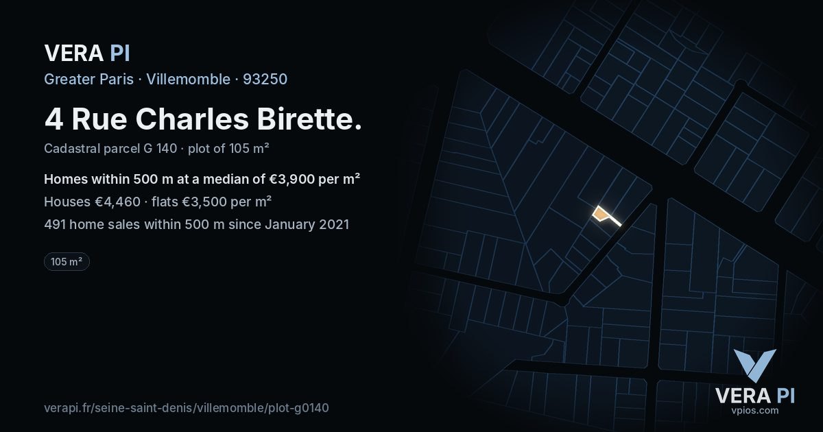 4 Rue Charles Birette, Villemomble at night – the plot lit, the parcels around coloured by the prices near them