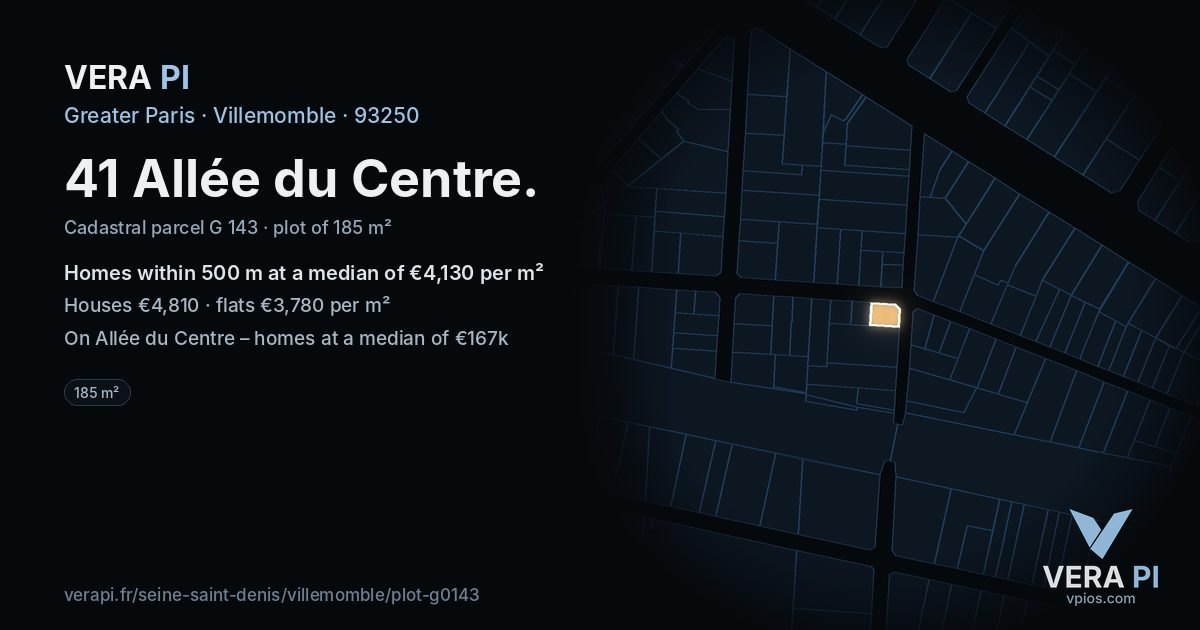 41 Allée du Centre, Villemomble at night – the plot lit, the parcels around coloured by the prices near them