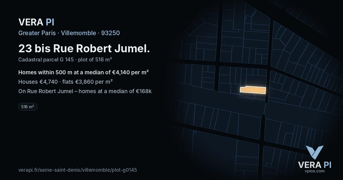 23 bis Rue Robert Jumel, Villemomble at night – the plot lit, the parcels around coloured by the prices near them