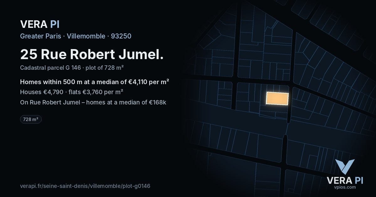 25 Rue Robert Jumel, Villemomble at night – the plot lit, the parcels around coloured by the prices near them