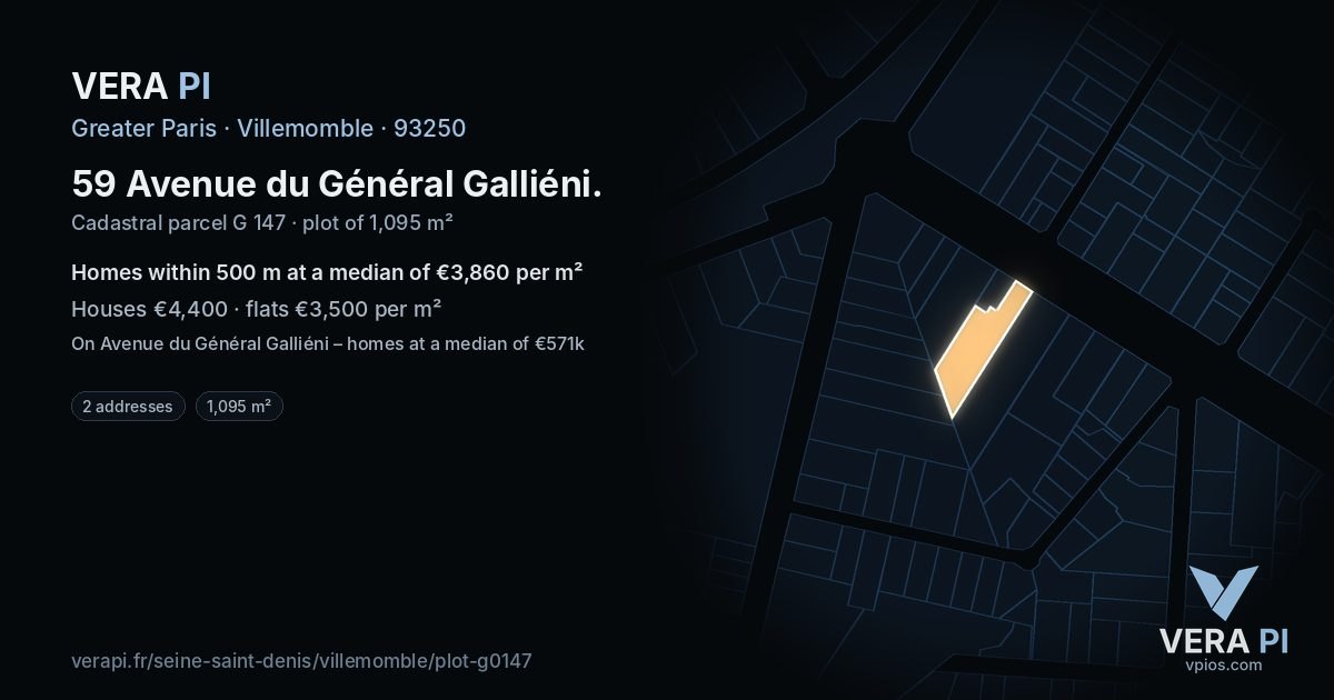 59 Avenue du Général Galliéni, Villemomble at night – the plot lit, the parcels around coloured by the prices near them