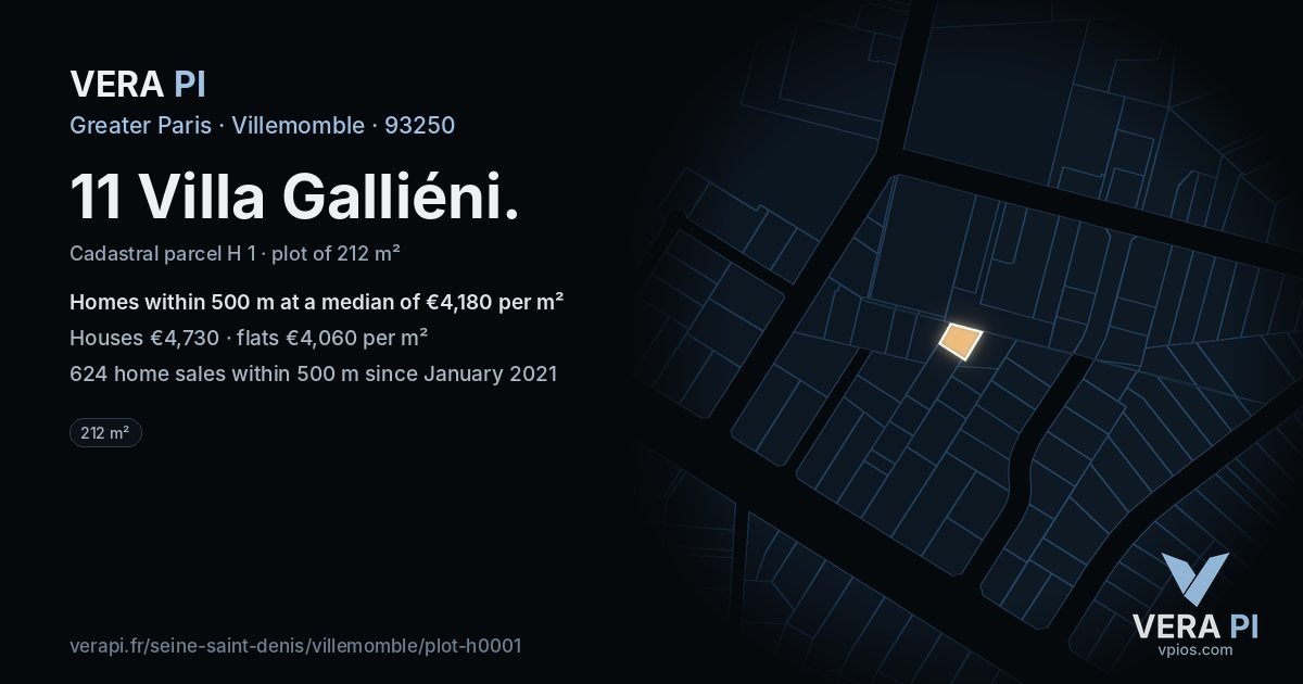 11 Villa Galliéni, Villemomble at night – the plot lit, the parcels around coloured by the prices near them