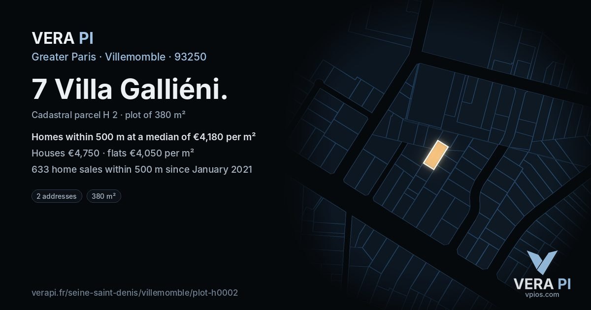 7 Villa Galliéni, Villemomble at night – the plot lit, the parcels around coloured by the prices near them