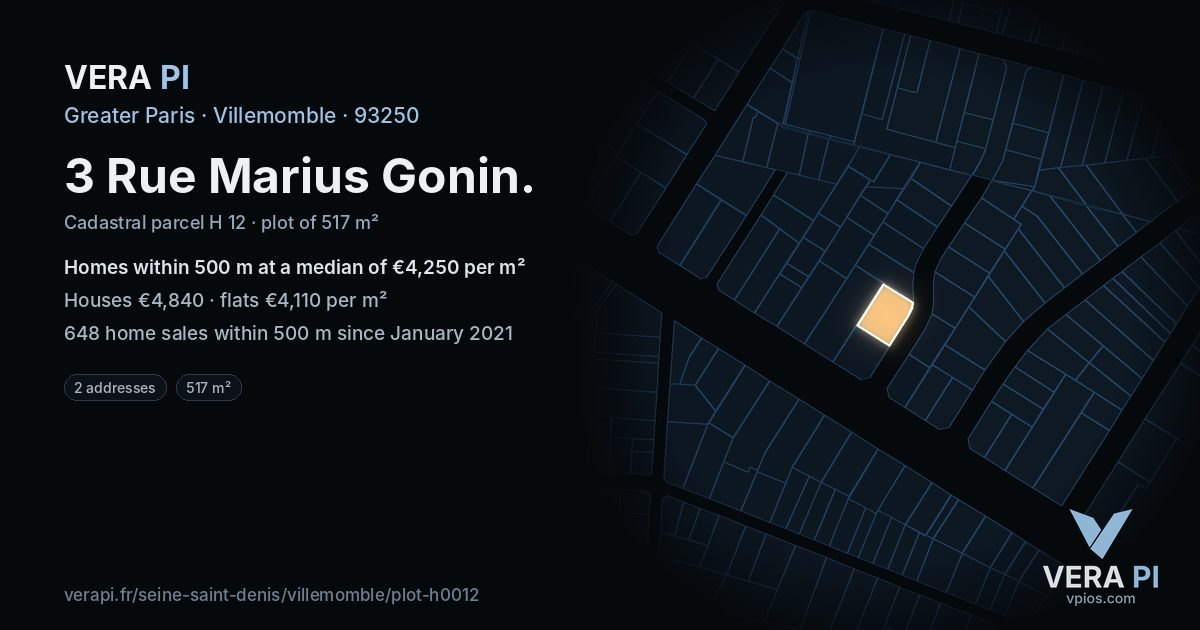 3 Rue Marius Gonin, Villemomble at night – the plot lit, the parcels around coloured by the prices near them