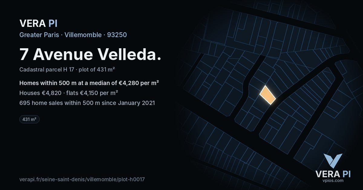 7 Avenue Velleda, Villemomble at night – the plot lit, the parcels around coloured by the prices near them