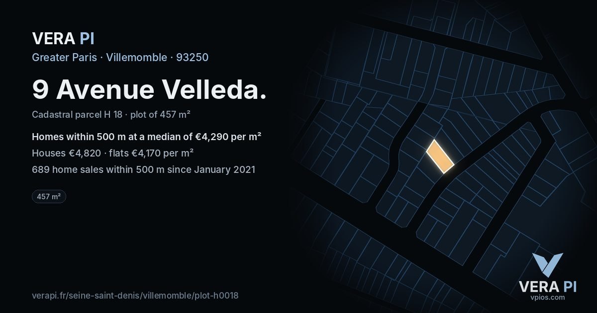 9 Avenue Velleda, Villemomble at night – the plot lit, the parcels around coloured by the prices near them