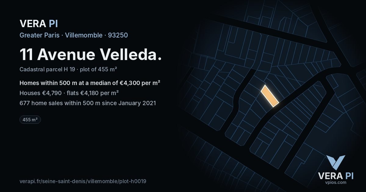 11 Avenue Velleda, Villemomble at night – the plot lit, the parcels around coloured by the prices near them