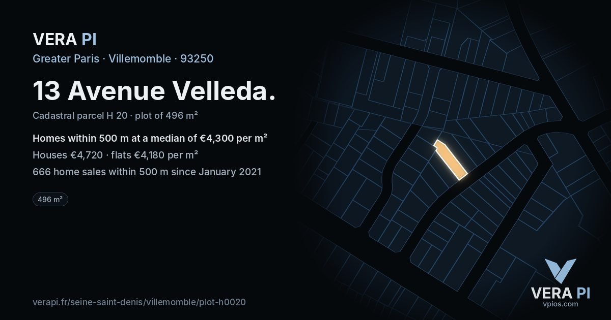 13 Avenue Velleda, Villemomble at night – the plot lit, the parcels around coloured by the prices near them