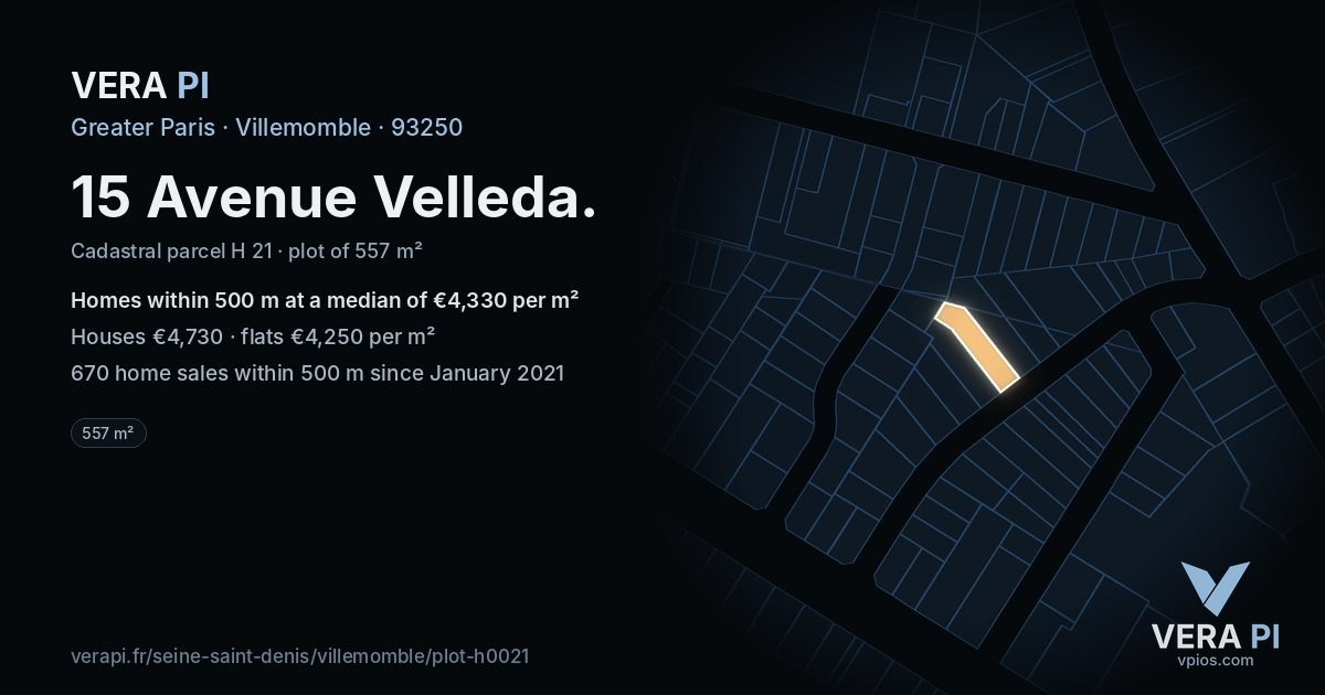 15 Avenue Velleda, Villemomble at night – the plot lit, the parcels around coloured by the prices near them