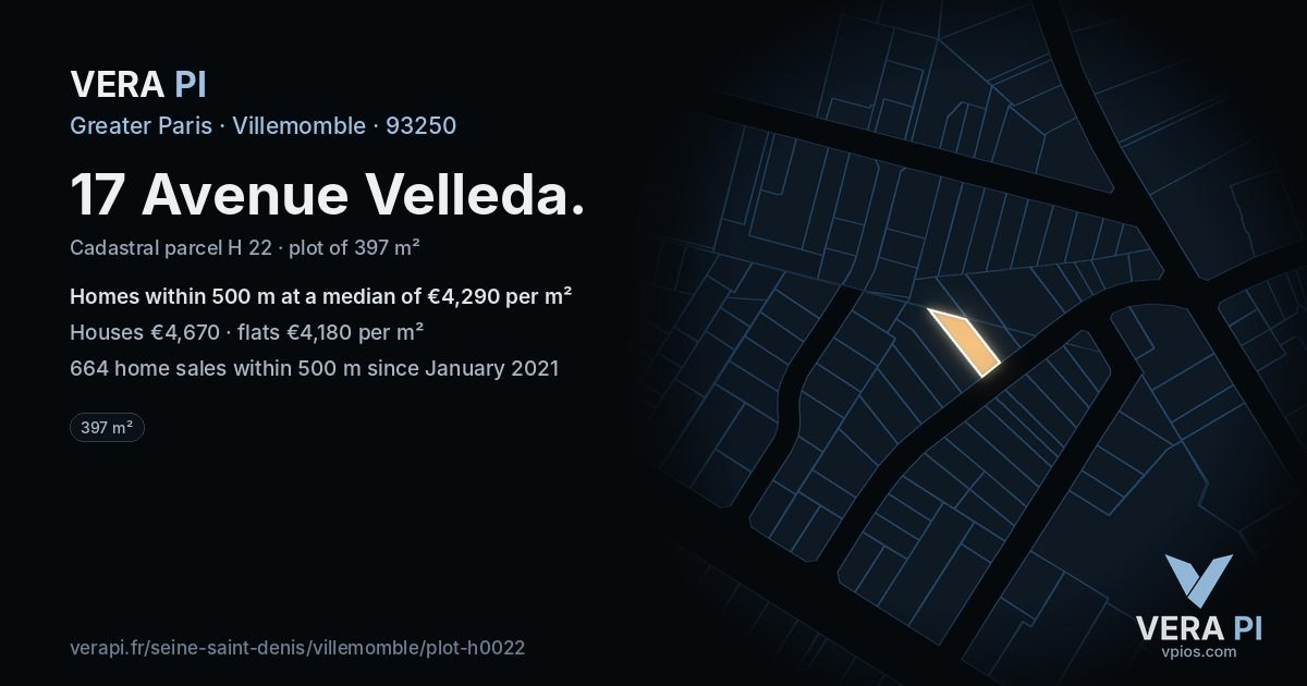 17 Avenue Velleda, Villemomble at night – the plot lit, the parcels around coloured by the prices near them