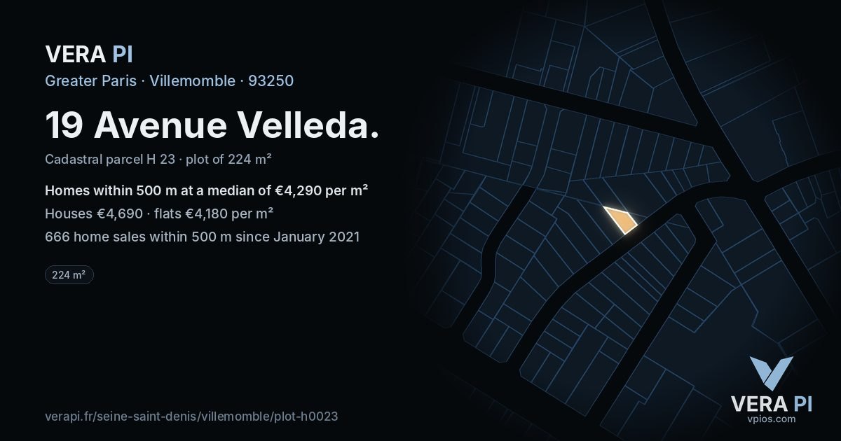 19 Avenue Velleda, Villemomble at night – the plot lit, the parcels around coloured by the prices near them