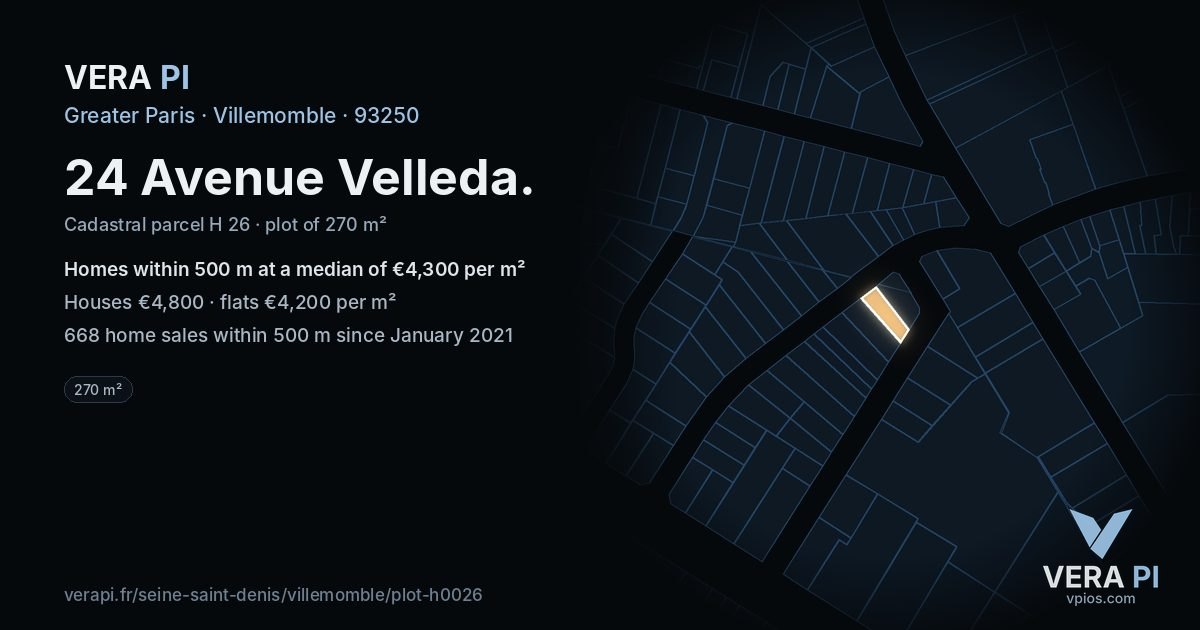 24 Avenue Velleda, Villemomble at night – the plot lit, the parcels around coloured by the prices near them
