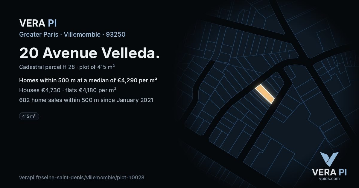 20 Avenue Velleda, Villemomble at night – the plot lit, the parcels around coloured by the prices near them