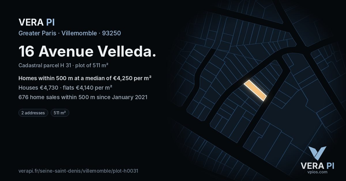 16 Avenue Velleda, Villemomble at night – the plot lit, the parcels around coloured by the prices near them