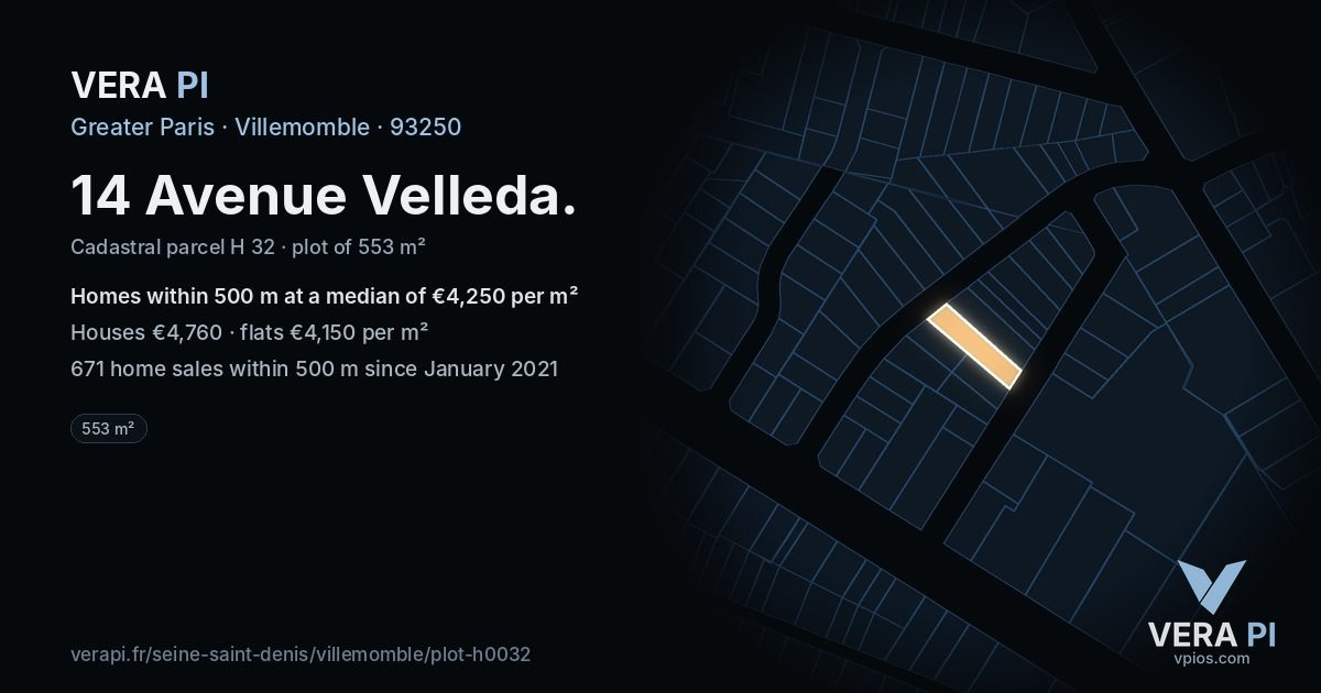 14 Avenue Velleda, Villemomble at night – the plot lit, the parcels around coloured by the prices near them