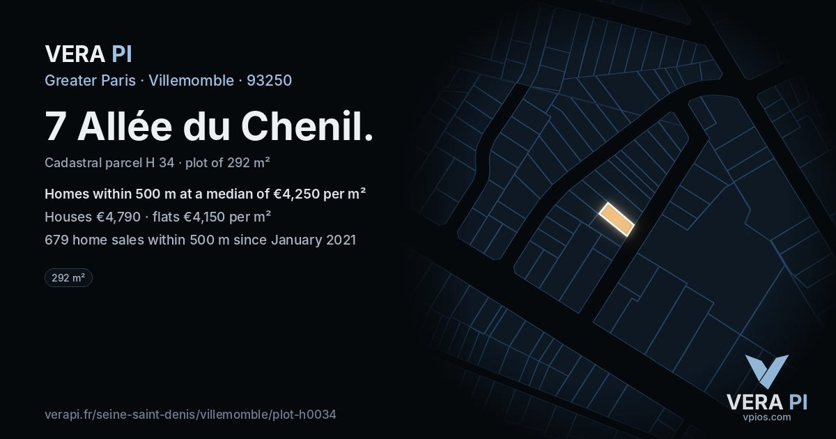 7 Allée du Chenil, Villemomble at night – the plot lit, the parcels around coloured by the prices near them