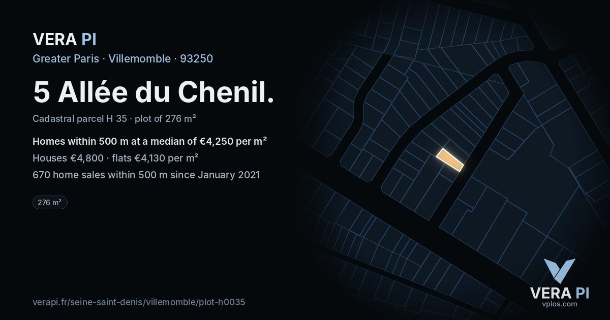 5 Allée du Chenil, Villemomble at night – the plot lit, the parcels around coloured by the prices near them