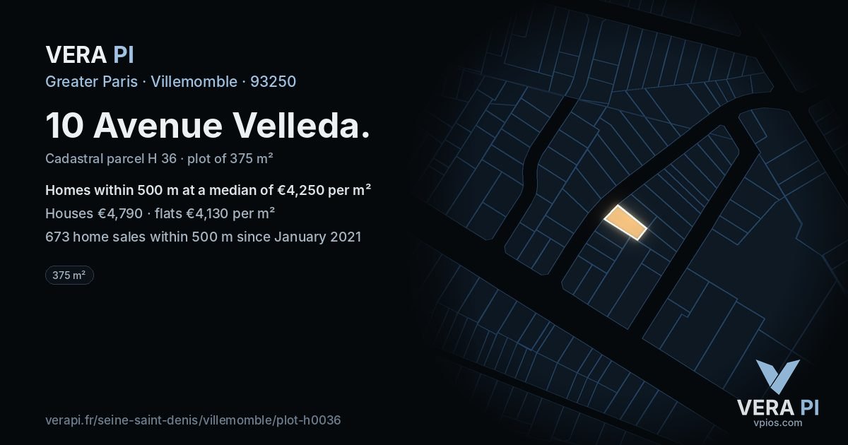 10 Avenue Velleda, Villemomble at night – the plot lit, the parcels around coloured by the prices near them
