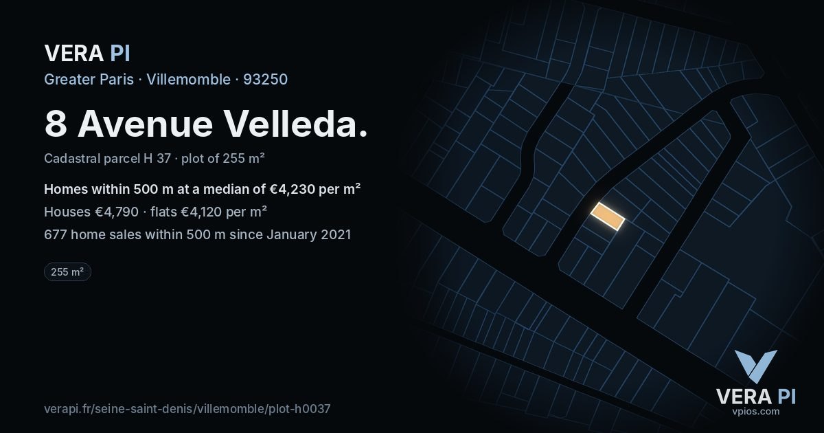 8 Avenue Velleda, Villemomble at night – the plot lit, the parcels around coloured by the prices near them