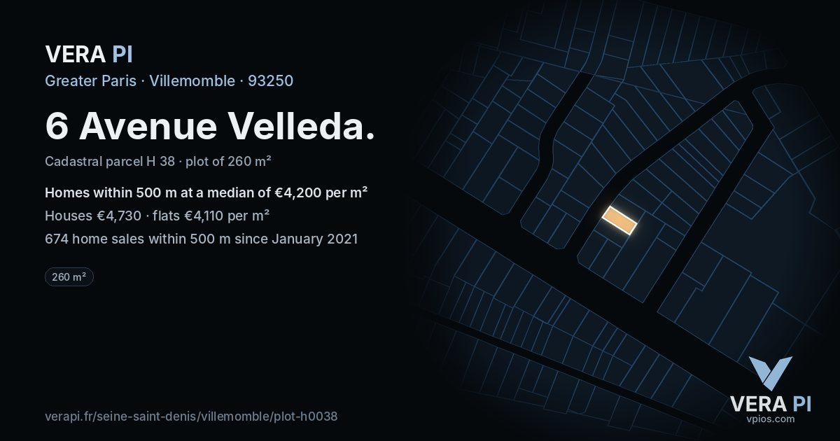 6 Avenue Velleda, Villemomble at night – the plot lit, the parcels around coloured by the prices near them