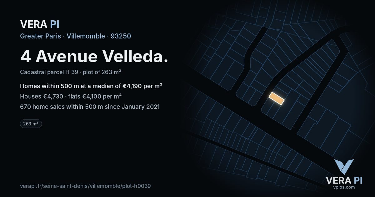 4 Avenue Velleda, Villemomble at night – the plot lit, the parcels around coloured by the prices near them