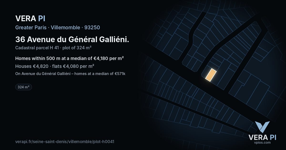 36 Avenue du Général Galliéni, Villemomble at night – the plot lit, the parcels around coloured by the prices near them