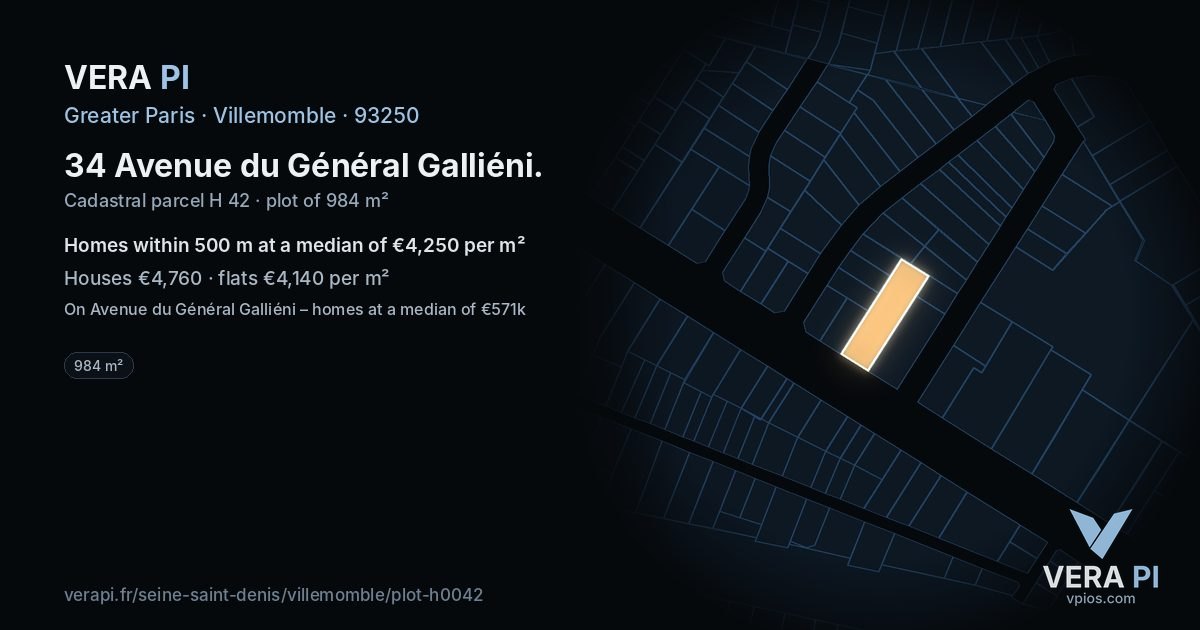 34 Avenue du Général Galliéni, Villemomble at night – the plot lit, the parcels around coloured by the prices near them
