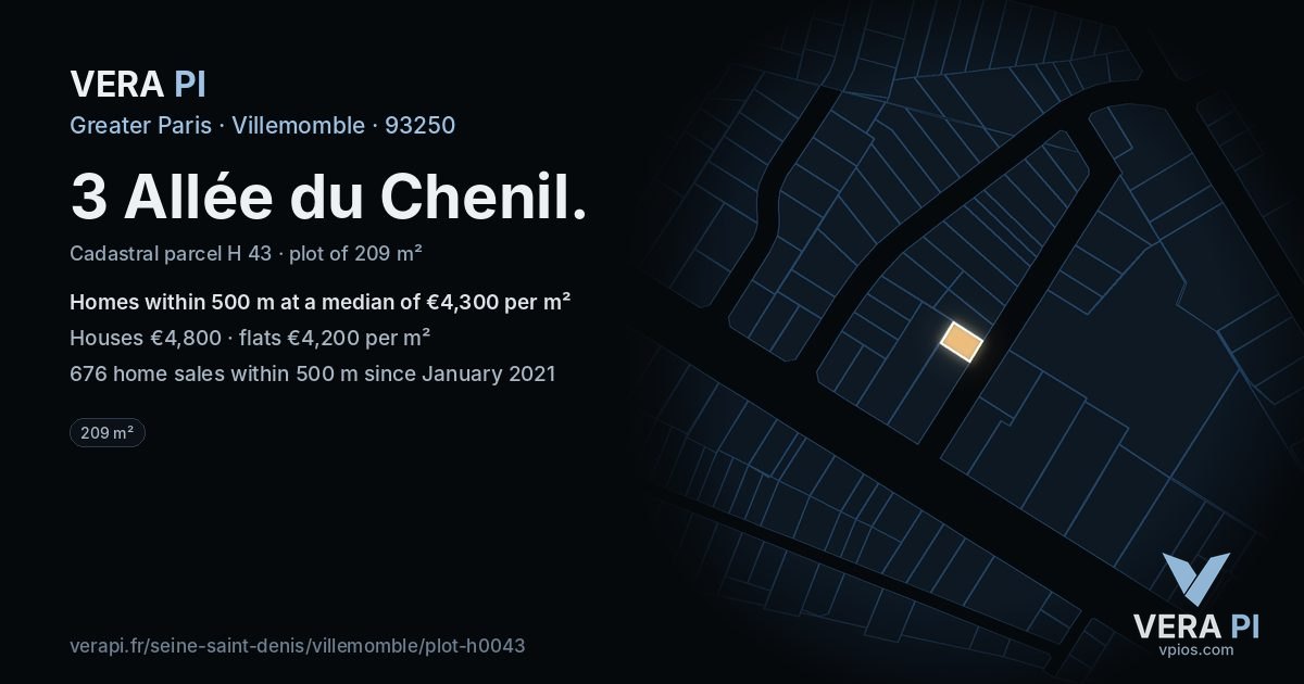3 Allée du Chenil, Villemomble at night – the plot lit, the parcels around coloured by the prices near them