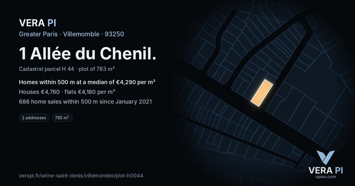 1 Allée du Chenil, Villemomble at night – the plot lit, the parcels around coloured by the prices near them