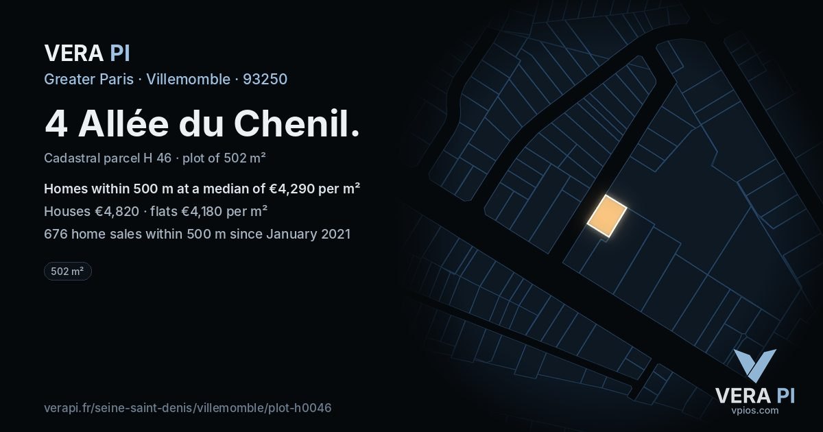 4 Allée du Chenil, Villemomble at night – the plot lit, the parcels around coloured by the prices near them