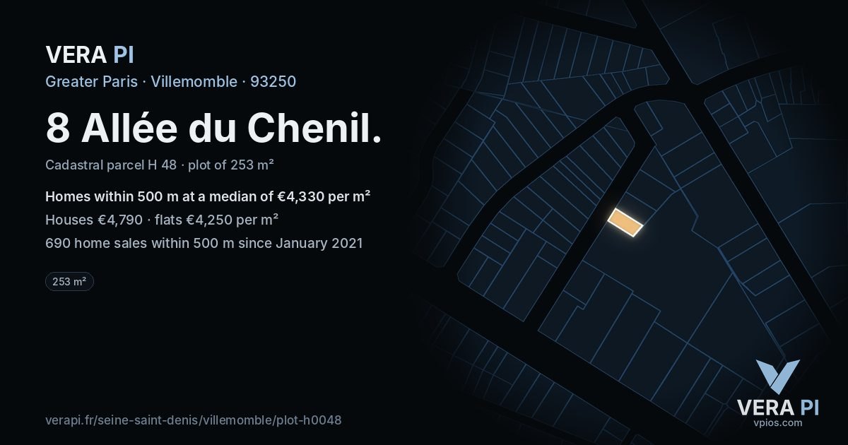 8 Allée du Chenil, Villemomble at night – the plot lit, the parcels around coloured by the prices near them