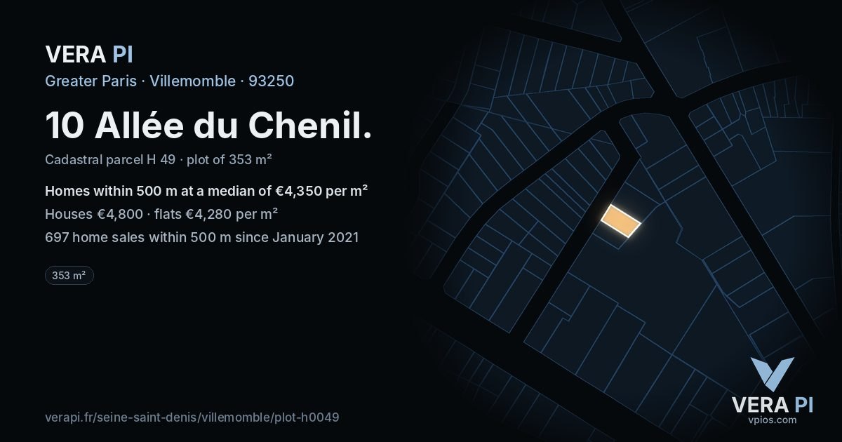 10 Allée du Chenil, Villemomble at night – the plot lit, the parcels around coloured by the prices near them