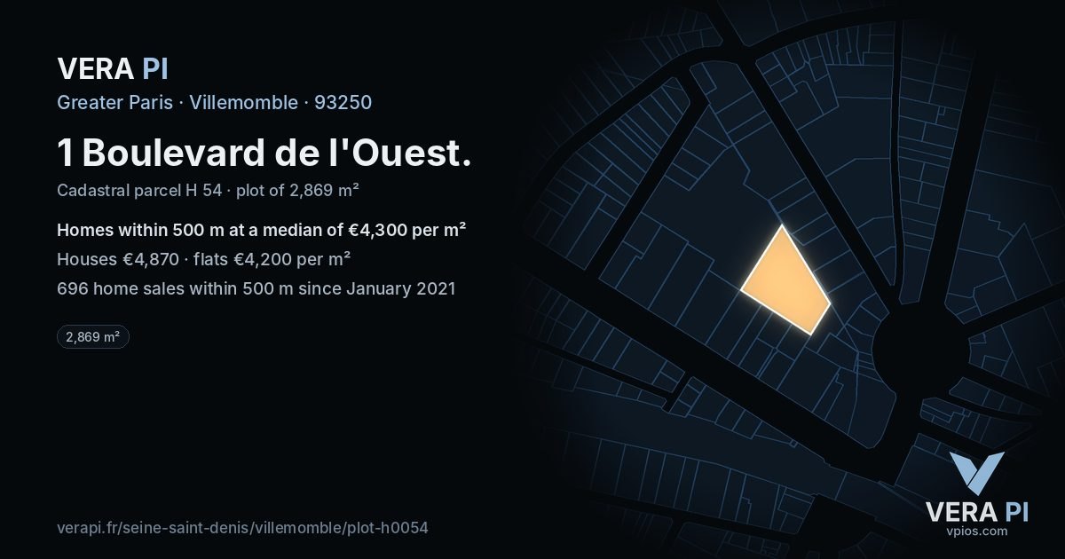 1 Boulevard de l'Ouest, Villemomble at night – the plot lit, the parcels around coloured by the prices near them