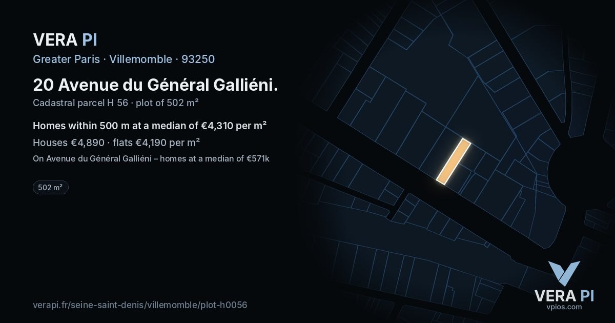 20 Avenue du Général Galliéni, Villemomble at night – the plot lit, the parcels around coloured by the prices near them